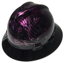 Load image into Gallery viewer, Custom Hydro Dipped Hard Hat MSA V-Gard Full Brim Kandy Purple Negative American Flags with Black Brim