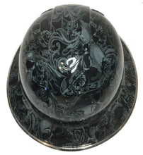 Load image into Gallery viewer, Custom Hydro Dipped Hard Hat Slate Gray Filigree Skulls Full Brim Ridgeline With Chrome EdgeGard