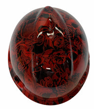 Load image into Gallery viewer, Hard Hat MSA V-Gard Cap Style Custom Red Filigree Skulls Hydro Dipped