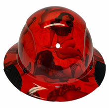 Load image into Gallery viewer, Custom Hydro Dip Red Pin Up Girls Lift Fiber Resin Full Brim Hard Hat