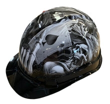 Load image into Gallery viewer, Custom Hydro Dipped Hard Hat Ridgeline Cap Style White Ace Of Skulls with Black Brim