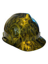 Load image into Gallery viewer, Hard Hat MSA V-Gard Cap Style Custom Hydro Dipped Kandy Gold Negative Insanity Skulls