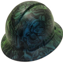 Load image into Gallery viewer, Custom Hard Hat Two Toned Blue & Green Boss Skulls Full Brim Ridgeline