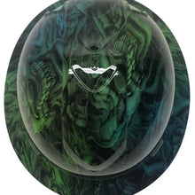 Load image into Gallery viewer, Custom Hard Hat Two Toned Blue & Green Boss Skulls Full Brim Ridgeline