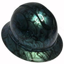 Load image into Gallery viewer, Custom Hydro Dipped Hard Hat Blue Green Chameleon Insanity Skulls Full Brim Ridgeline