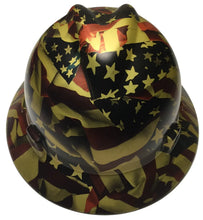 Load image into Gallery viewer, Custom Hydro Dipped Hard Hat Gold Metallic American Flags MSA V-Gard Full Brim