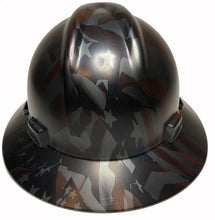 Load image into Gallery viewer, Custom Hard Hat Hydro Dipped Metallic Graphite American Flags MSA V-Gard Full Brim