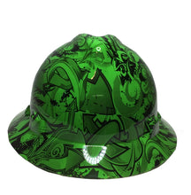Load image into Gallery viewer, Custom Hard Hat Alien Green Graffiti Hydro Dipped MSA V-Gard Full Brim