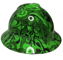 Load image into Gallery viewer, Custom Hard Hat Hydro Dipped Alien Green Graffiti MSA 500 Series V-Gard Full Brim Non-Vented 6 Point Ratchet Suspension