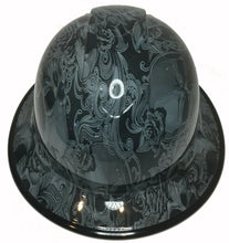 Load image into Gallery viewer, Custom Hydro Dipped Hard Hat Slate Gray Filigree Skulls Full Brim Ridgeline With Black EdgeGard