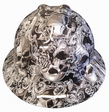 Load image into Gallery viewer, Custom Hydro Dipped White Filigree Skulls MSA V-Gard Full Brim Hard Hat