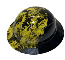 Load image into Gallery viewer, Custom Hydro Dipped Black and Yellow Flames Lift DAX Fifty 50 Carbon Fiber HDF50C-19OC Full Brim Hard Hat