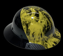 Load image into Gallery viewer, Custom Hydro Dipped Black and Yellow Flames Lift DAX Fifty 50 Carbon Fiber HDF50C-19OC Full Brim Hard Hat