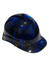 Load image into Gallery viewer, Custom Hydro Dipped Hard Hat Dark Blue Small Flaming Skulls Cap Style