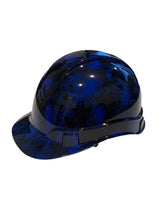 Load image into Gallery viewer, Custom Hydro Dipped Hard Hat Dark Blue Small Flaming Skulls Cap Style