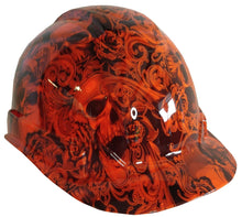 Load image into Gallery viewer, Hydro Dipped Hard Hat Ridgeline Cap Style Custom HiVis Orange Filigree Skulls