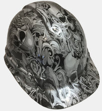 Load image into Gallery viewer, Hydro Dipped Custom Hard Hat Ridgeline Cap Style Pearl White Filigree Skulls