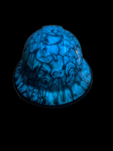 Load image into Gallery viewer, Hydro Dipped Hard Hat Custom Blue Glow in The Dark Insanity Skulls Full Brim Ridgeline