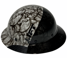 Load image into Gallery viewer, Black and White Insanity Skulls Lift DAX Fifty 50 Carbon Fiber Full Brim Hard Hat