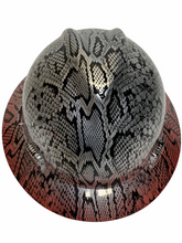 Load image into Gallery viewer, Custom Hydro Dipped Silver Metallic Snakeskin Over Red Brim Hard Hat MSA V-Gard Full Brim