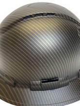 Load image into Gallery viewer, Custom Hydro Dipped Gold Carbon Fiber Ridgeline Full Brim Vented Hard Hat