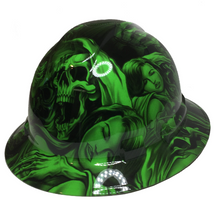 Load image into Gallery viewer, Custom Hard Hat Alien Green Ace Of Skulls Full Brim Ridgeline