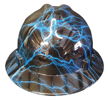 Load image into Gallery viewer, Hard Hat MSA Full Brim Custom Blue Lightning Hydro Dipped