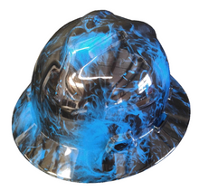Load image into Gallery viewer, Custom Hard Hat MSA V-Gard Full Brim Blue Flaming Skulls