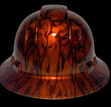 Load image into Gallery viewer, Custom Hydro Dipped Hard Hat Ridgeline Full Brim Orange Kandy Insanity Skulls