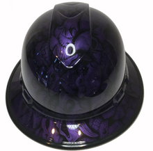 Load image into Gallery viewer, Custom Hydro Dipped Hard Hat Plum Crazy Purple Insanity Skulls Full Brim Ridgeline W/ Black EdgeGard