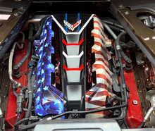 Load image into Gallery viewer, Custom Hydro Dipped 2020+ Corvette Engine Cover Stars and Stripes w corvette Red letters
