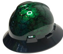 Load image into Gallery viewer, Custom Hard Hat Kandy Green Stainless Steel Insanity Skulls With Black Brim MSA V-Gard Full Brim

