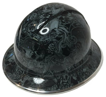 Load image into Gallery viewer, Custom Hydro Dipped Hard Hat Slate Gray Filigree Skulls Full Brim Ridgeline With Chrome EdgeGard
