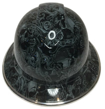Load image into Gallery viewer, Custom Hydro Dipped Hard Hat Slate Gray Filigree Skulls Full Brim Ridgeline With Chrome EdgeGard
