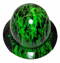 Load image into Gallery viewer, Custom Hydro Dipped Black and Green Flames Lift DAX Fifty 50 Carbon Fiber HDF50C-19OC Full Brim Hard Hat
