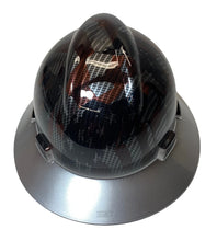 Load image into Gallery viewer, Custom Hard Hat Hydro Dipped Carbon Fiber American Flags with Silver Brim MSA V-Gard Full Brim
