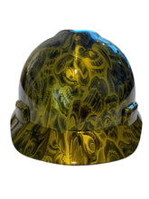Load image into Gallery viewer, Hard Hat MSA V-Gard Cap Style Custom Hydro Dipped Kandy Gold Negative Insanity Skulls
