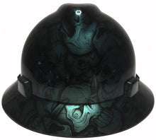 Load image into Gallery viewer, Custom Hydro Dipped Hard Hat MSA V-Gard Full Brim Blue Green Chameleon Insanity Skulls
