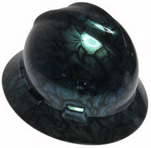 Load image into Gallery viewer, Custom Hydro Dipped Hard Hat MSA V-Gard Full Brim Blue Green Chameleon Insanity Skulls
