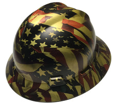 Load image into Gallery viewer, Custom Hydro Dipped Hard Hat Gold Metallic American Flags MSA V-Gard Full Brim
