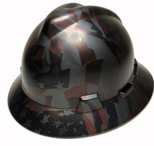 Load image into Gallery viewer, Custom Hard Hat Hydro Dipped Metallic Graphite American Flags MSA V-Gard Full Brim
