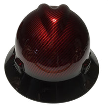 Load image into Gallery viewer, Custom Hard Hat MSA V-Gard Full Brim Kandy Red Carbon Fiber Hydro Dipped with Black Brim
