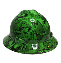 Load image into Gallery viewer, Custom Hard Hat Alien Green Graffiti Hydro Dipped MSA V-Gard Full Brim
