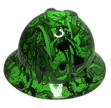 Load image into Gallery viewer, Custom Hard Hat Hydro Dipped Alien Green Graffiti MSA 500 Series V-Gard Full Brim Non-Vented 6 Point Ratchet Suspension
