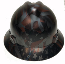 Load image into Gallery viewer, Custom Hard Hat Hydro Dipped Metallic Graphite American Flags MSA V-Gard Full Brim
