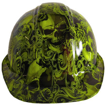 Load image into Gallery viewer, Hydro Dipped Hard Hat SL Series Cap Style Custom Hi Vis Green Filigree Skulls
