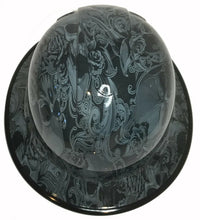 Load image into Gallery viewer, Custom Hydro Dipped Hard Hat Slate Gray Filigree Skulls Full Brim Ridgeline With Black EdgeGard
