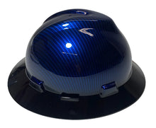 Load image into Gallery viewer, Custom Hard Hat Blue Kandy Carbon Fiber with Black Brim Hydro Dipped Full Brim MSA
