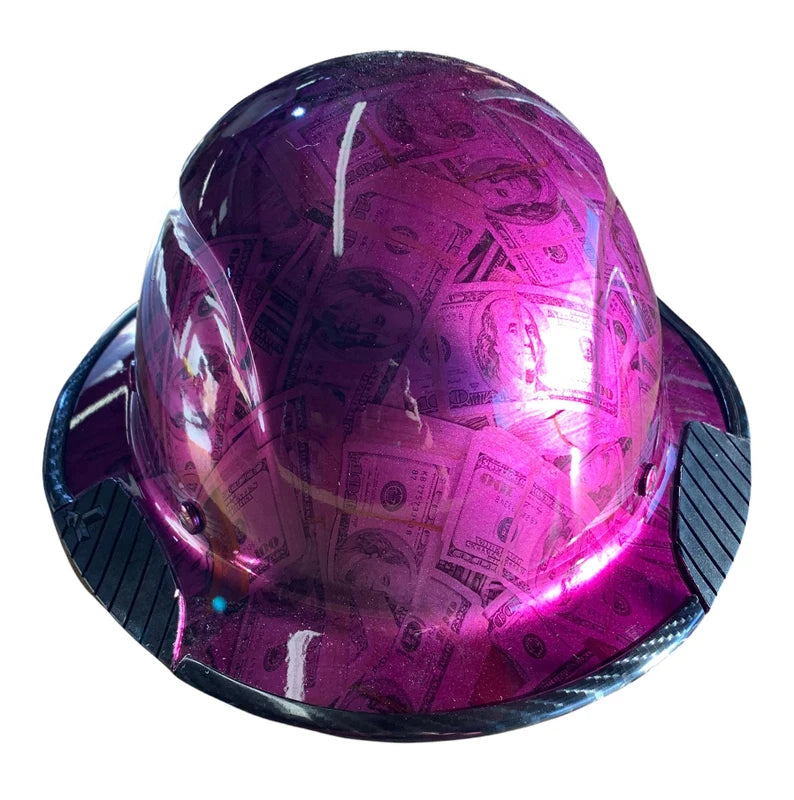 Custom $100 Dollar Bills Translucent Purple with Edgegard Lift DAX Carbon Fiber HDC-15KG Full Brim Hard Hat