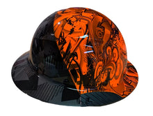 Load image into Gallery viewer, Custom Hydro Dipped Black and Orange Graffiti/Camo Lift DAX Fifty 50 Carbon Fiber HDF50C-19OC Full Brim Hard Hat
